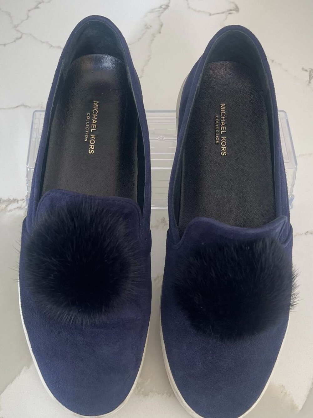 Michael Kors Collection  "Eddy" Navy Suede w Mink Fur Pompom slip-ons Size 7/37.